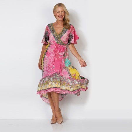 Silk Islands Eva 100% Silk Flutter Sleeve Wrap Dress