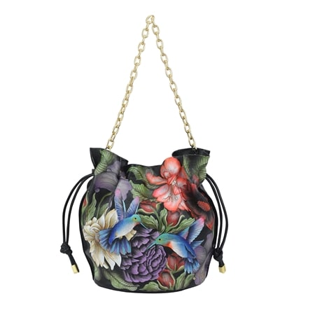 Anuschka Leather Drawstring Bucket Bag with Chain Strap