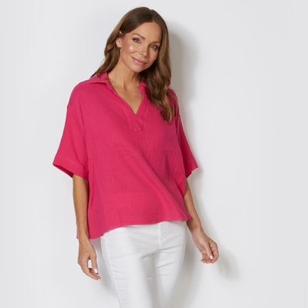 Cordelia St Bonded Cheesecloth Collared V-Top