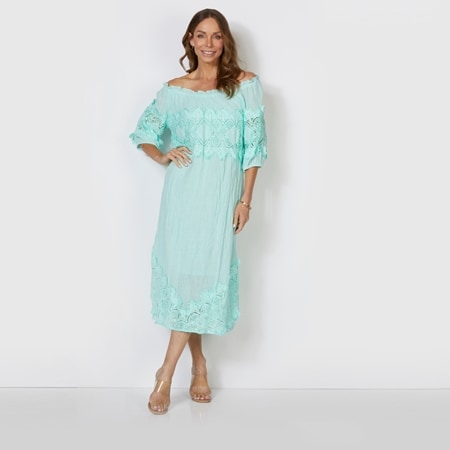 Cafe Latte Peasant Dress with Lace Trim On Sleeves