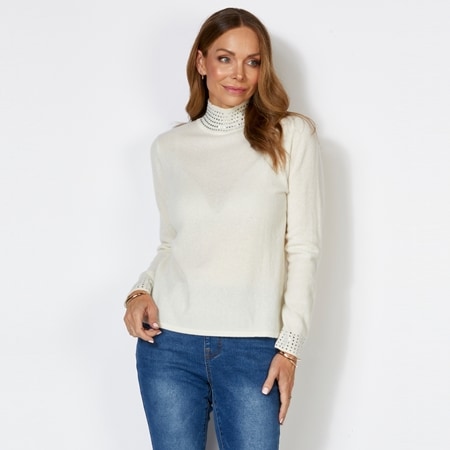 Cashmasoft 100% Cashmere Round Neck Diamonte Trim Jumper