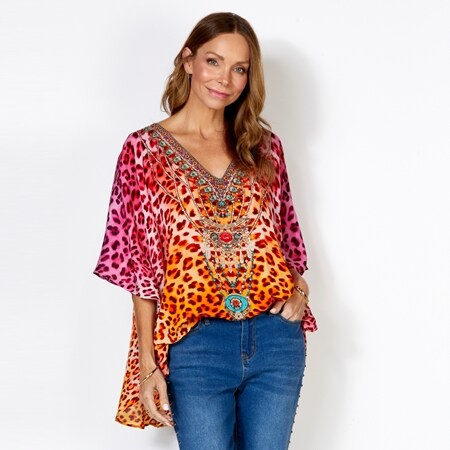 Silk Islands Zoya 100% Silk V Neck Curved Hem Kaftan