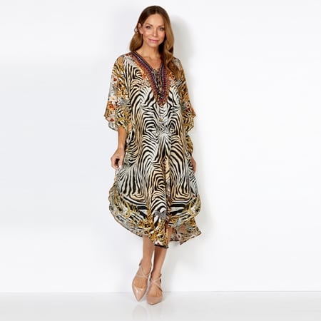 Silk Islands Maggie 100% Silk Drawstring Neck Curved Hem Long Kaftan