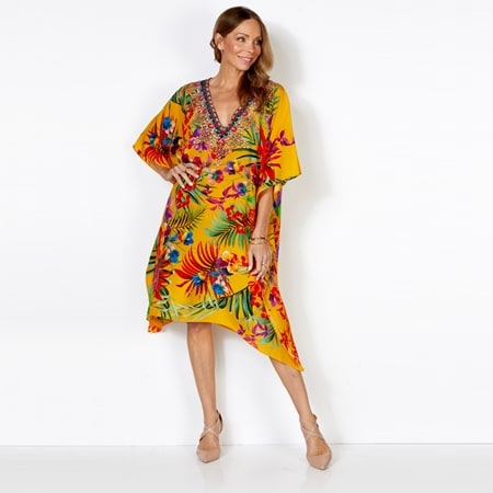 Silk Islands Jasmine 100% Silk Knee Length V Neck Kaftan