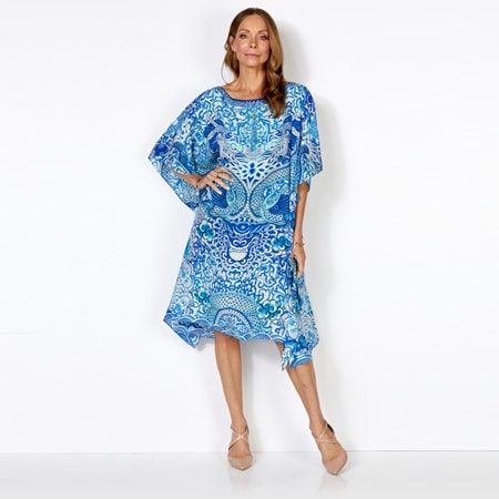 Silk Islands Ellie 100% Silk Knee Length Narrow Boat Neck Kaftan