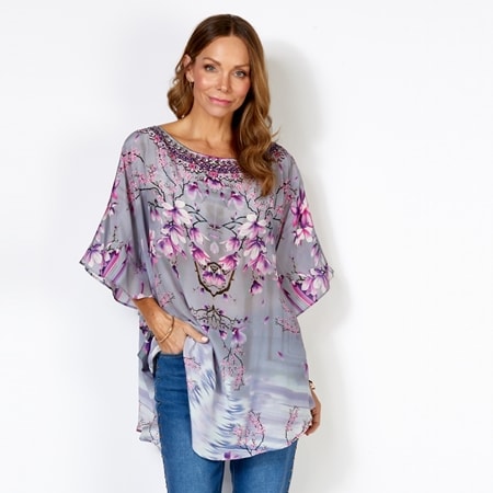 Silk Islands Ella 100% Silk Narrow Boat Neck Curved Hem Kaftan