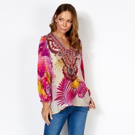 Silk Islands Pink Palms 100% Silk Drawstring Long Sleeve Top