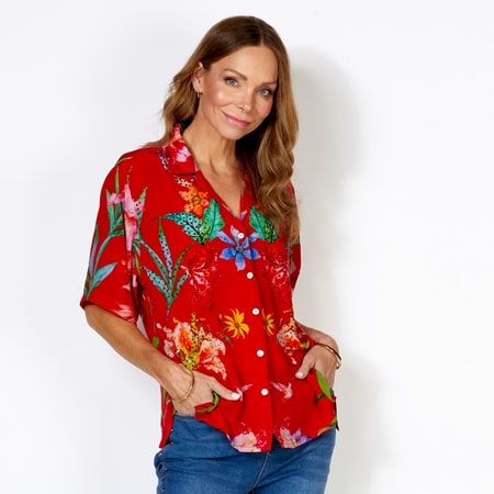 Silk Islands Empress Red 100% Silk Short Sleeve Shirt