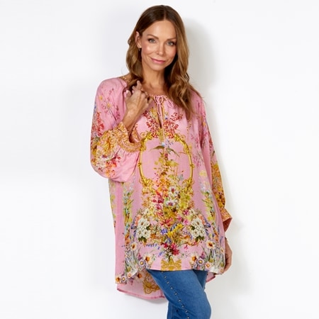 Silk Islands Pink Lemonade 100% Silk Long Sleeve Tunic