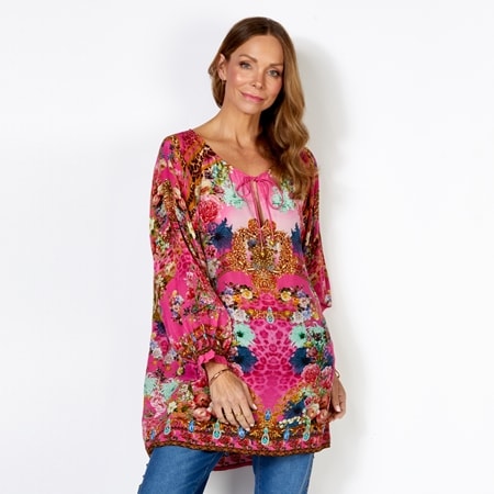 Silk Islands Raspberry Rose 100% Silk Long Sleeve Shirred Cuff Tunic