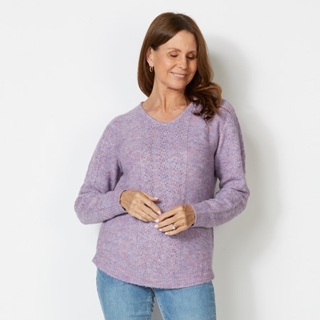 Fields Knitwear Pointelle Lace Curved Hem Pull Over Sweater