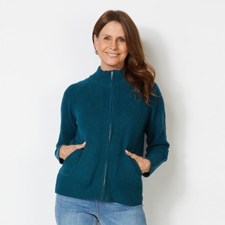 Fields Knitwear Diamond Pattern Zipper Cardigan