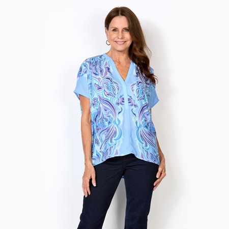 Diane Gilman Placement Print V-Neck Tunic Blouse