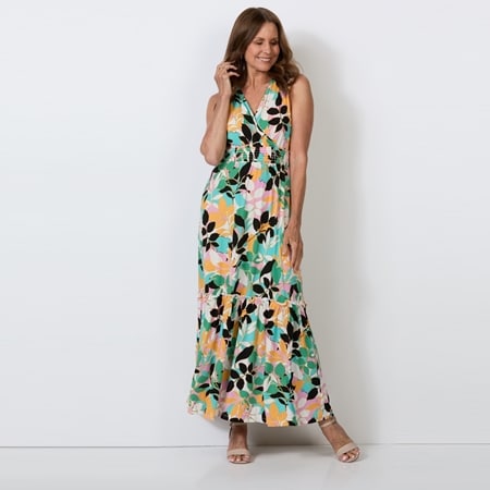 Nina Leonard Surplice Neck Smocked Waist Maxi Dress with Tier Hem