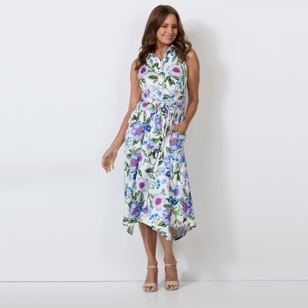 Nina Leonard Sleeveless Collared Half Placket Dress with Sash