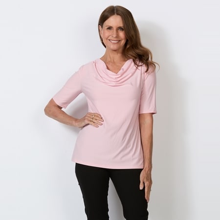 Nina Leonard Drape Neck Elbow Sleeve Miracle Matte Jersey Top