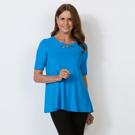 Nina Leonard Elbow Sleeve Float Top with Hardware Detail at Neckline