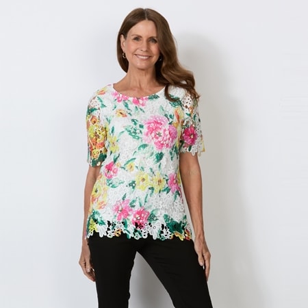 Nina Leonard Elbow Sleeve Round Neck Print Lace Top