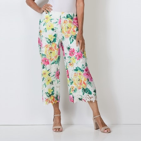 Nina Leonard Elastic Waist Print Lace Culotte Pant