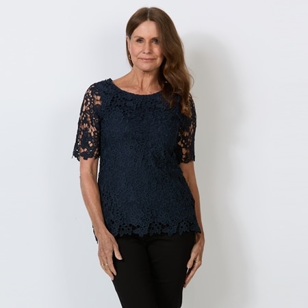 Nina Leonard Elbow Sleeve Round Neck Lace Top