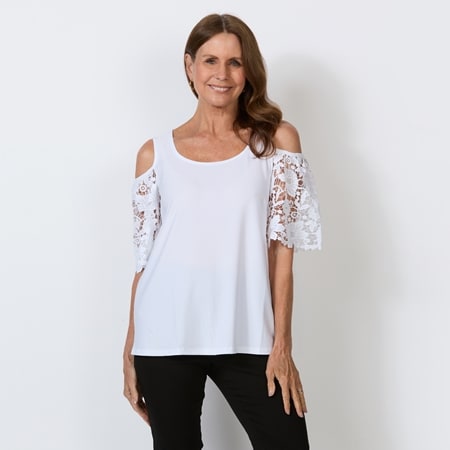 Nina Leonard Scoop Neck Cold Shoulder Top with Crochet Flutter Sleeve