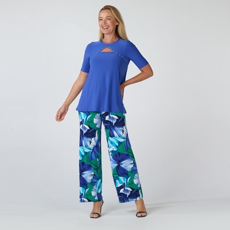 Nina Leonard Peek a Boo Top and Print Pocket Pant 2 PC Set