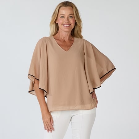 Nina Leonard V Neck Chiffon Dolman Sleeve Top with Ribbon Trim