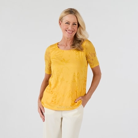 Hailey Lyn Elbow Sleeve Round Neck Burnout Top