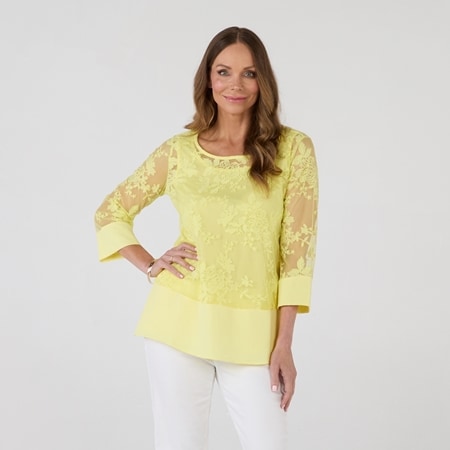 Hailey Lyn  3/4 Sleeve Tunic with Embroidery Mesh & Tank Lining