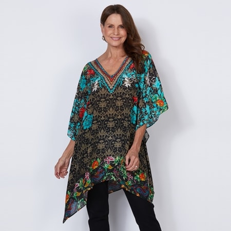 Silk Islands 100% Silk Hidden Garden Short Length V Neck Kaftan