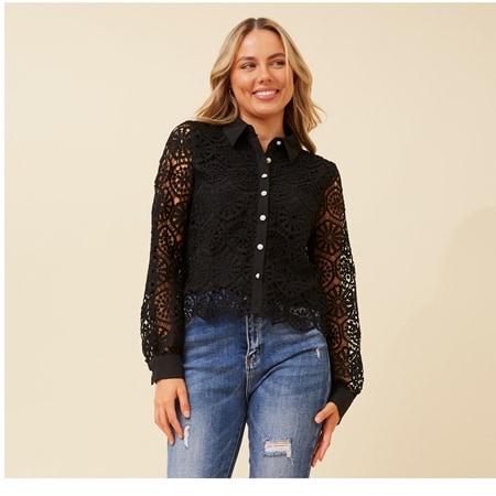 CKM Kinley Lace Overlay Long Sleeve Front Button Shirt