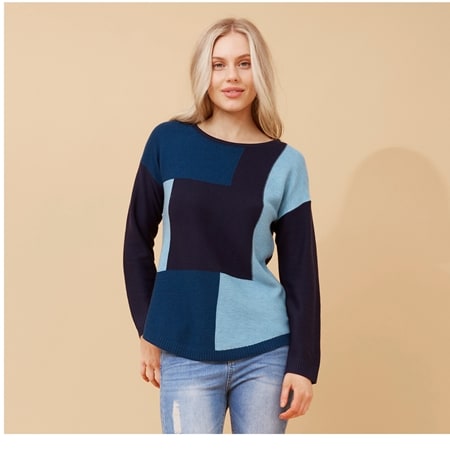 CKM Ollie Colour Block Long Sleeve Curved Hem Knit Pullover
