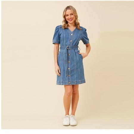 CKM Evette V Neck Button Front Denim Dress with Belt