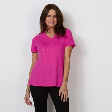 Diane Gilman Embellished Crystal Front V-Neck Tee