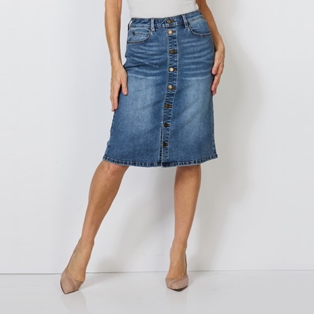Diane Gilman Lux Touch Denim Pull-On Buttoned A-Line Skirt