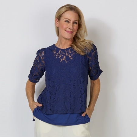 Diane Gilman Corded Lace Puff Sleeve Easy Top
