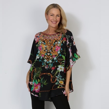 Silk Islands 100% Silk Minerva Boat Neck Curved Short Kaftan