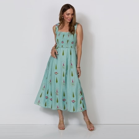 Caju Design Shirred Bodice Garden Block Print Dress