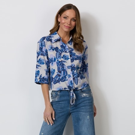 Gabby Isabella Butterfly Print Blouse with Front Tie