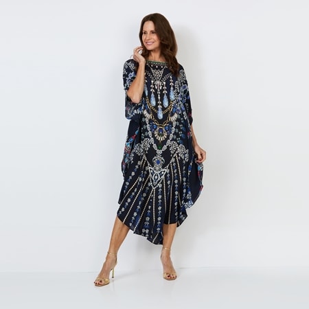 Silk Islands 100% Silk Gems Scoop Neck Curved Hem Long Kaftan