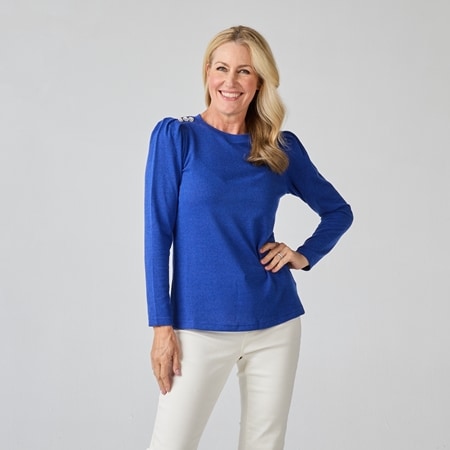 Diane Gilman Crystal Button Crew Neck Knit Top