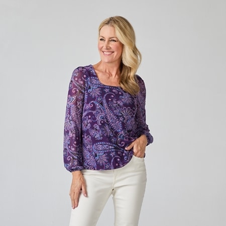 Diane Gilman Stretch Mesh Lantern-Sleeve Scoop Neck Top