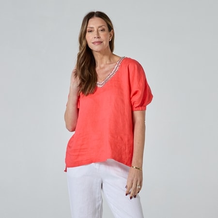Two-T's 100% Linen V-Neck Beaded Top