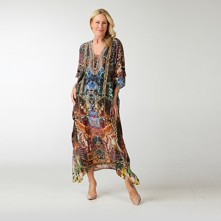Silk Islands 100% Silk Charlotte Drawstring Long Kaftan