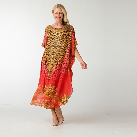 Silk Islands 100% Silk Mykonos Boat Neck Long Curved Kaftan