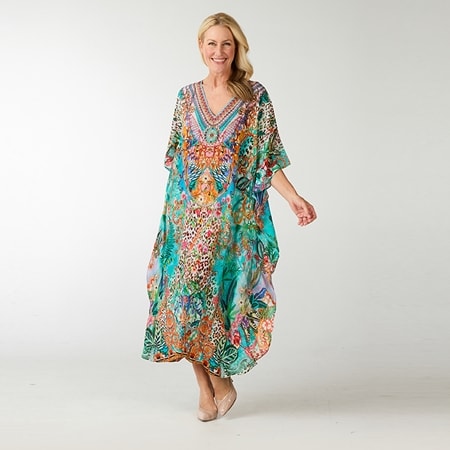 Silk Islands 100% Silk Tropical Mykonos V-Neck Curved Kaftan