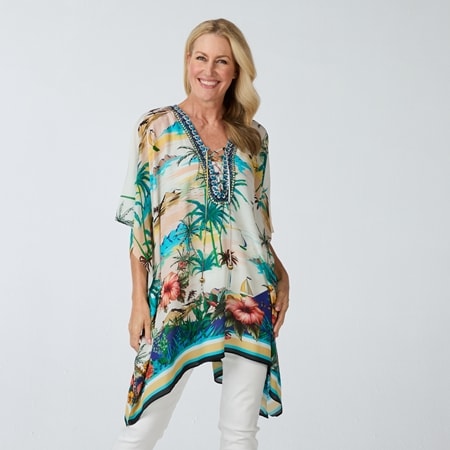 Silk Islands 100% Silk Palm Springs Drawstring Short Kaftan