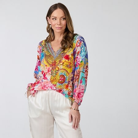 Silk Islands 100% Silk Long Islands V-Neck Top