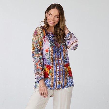 Silk Islands 100% Silk Kelly Long Sleeve Narrow Boat Neck Top