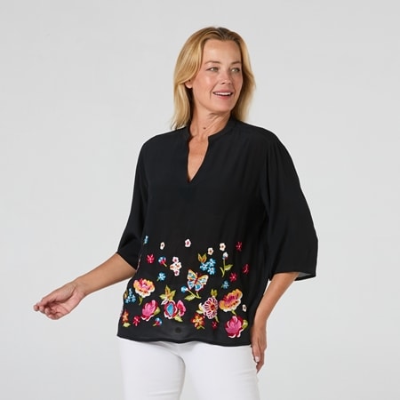 Silk Islands Silk Crepe Mandarin Neck Embroidered Top